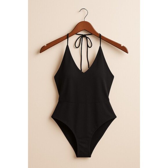 Frankies Bikinis Black Cheeky One-Piece Swimsuit Halter Neck Tie Back Sz XL NWOT - Picture 2 of 6